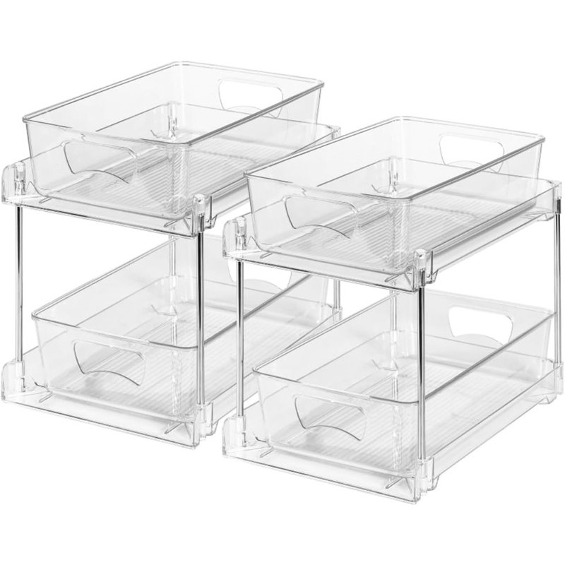 2-Pack Clear 2-Tier Under Sink Pull-Out Organizer, Plastic Drawers For Bathroom And Kitchen Storage