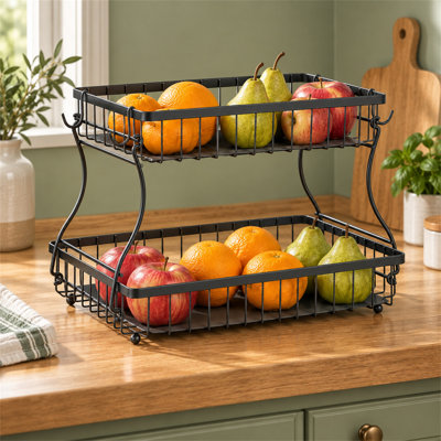 Panier de rangement pour fruits à 2 niveaux en fil métallique amovible, organisateur de produits de comptoir avec crochet à banane, support de cuisine polyvalent pour légumes, collations et épices, noir