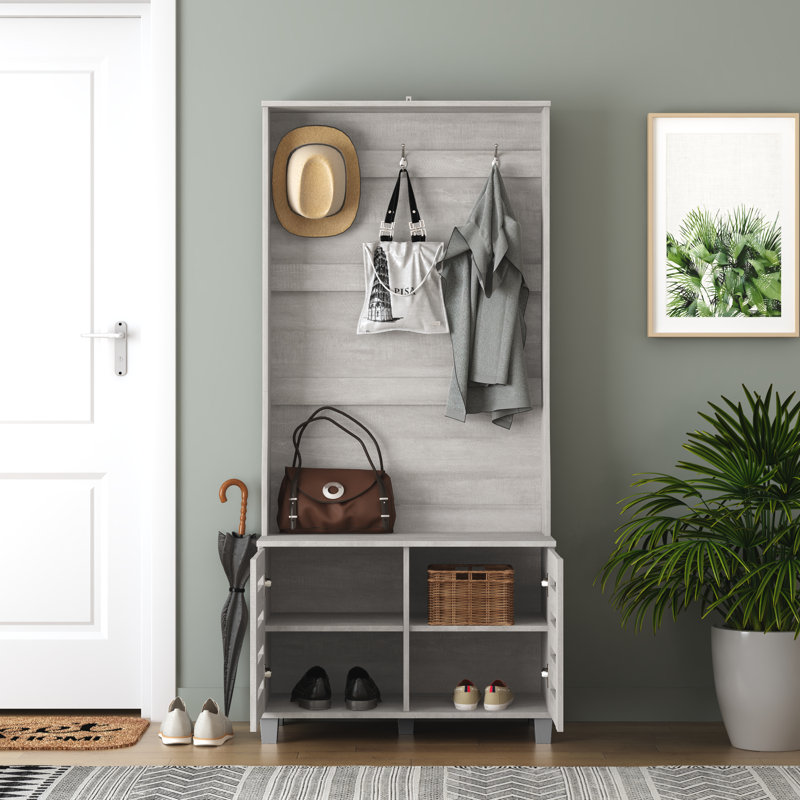 Arbre d'entrée de 31,3 po de large avec banc et rangement pour chaussures Lismore, Chêne gris cendré