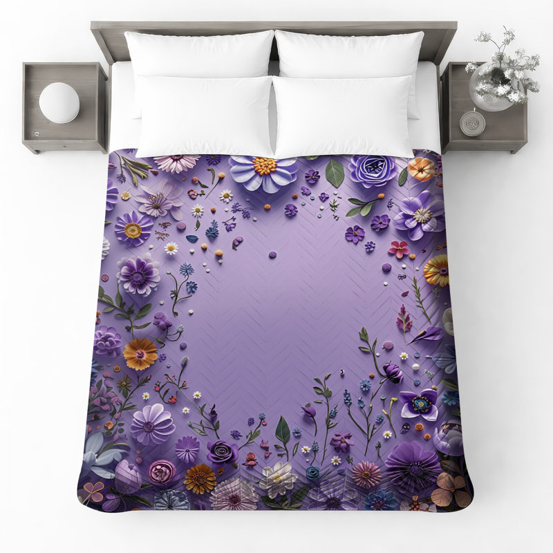 Couvre-lit matelassé à motif floral mauve toutes tailles, Ensemble de courtepointe simple, Purple/Yellow Floral