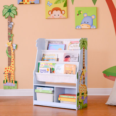 Teamson Kids Sunny Safari 3-Tier Front-Facing Wooden Bookshelf with Fabric Slings and Storage Cubbies for Playroom