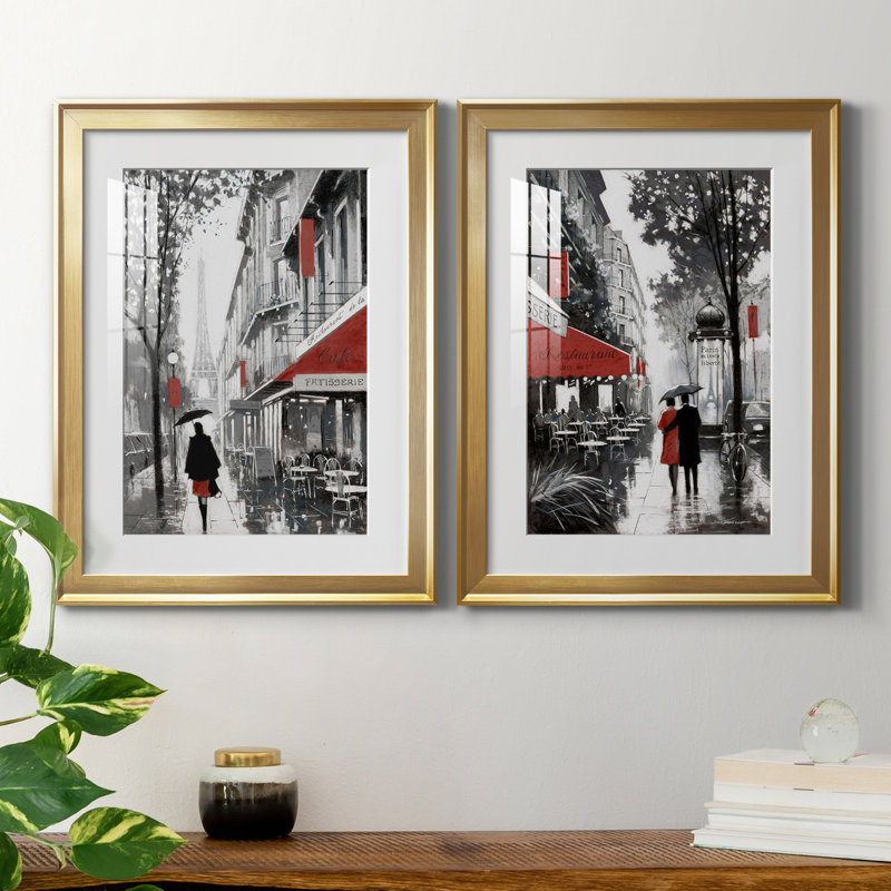 «Rainy Paris I», ensemble de 2 reproductions d'art, H 22,5 po x l 61 po x P 1,5 po, Papier encadré doré, Blanc