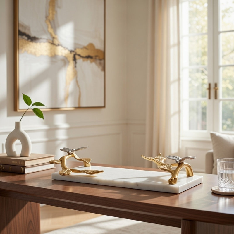 Decorative Tray, Marble Base, Gold Branch Handles With Dragonfly, 15 Inch
