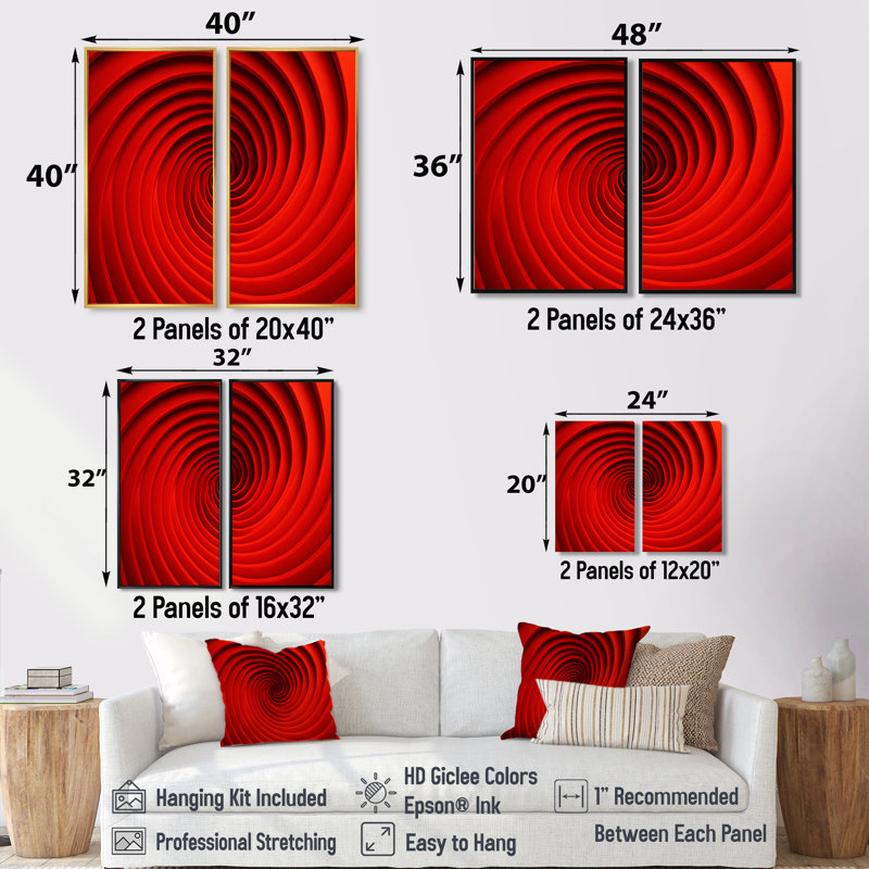 «Red Perpetual Pulse Vortex II» - impressions d'art moderne rouge sur toile à 2 panneaux, 40" H x 40" W, Gold