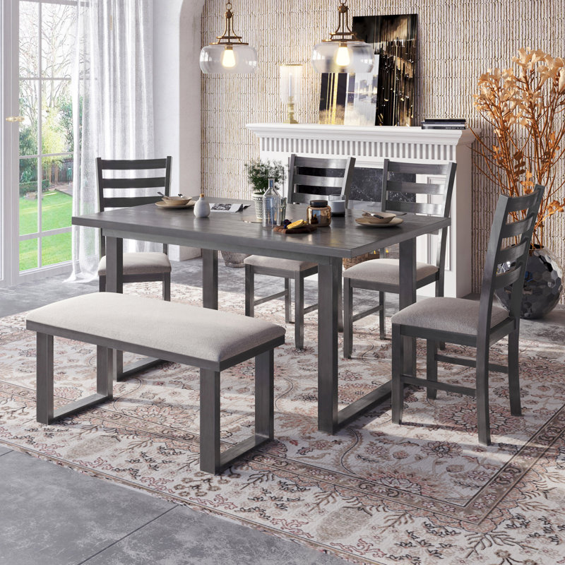 Ensemble de salle à manger en bois massif 6 pièces avec table rectangulaire et 4 chaises avec banc