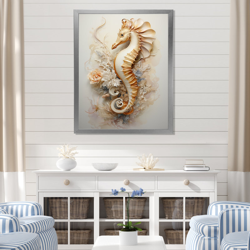 Hippocampe magique beige sur toile, H 44 po x l 34 po x P 1,5 po, Cadre simple argenté