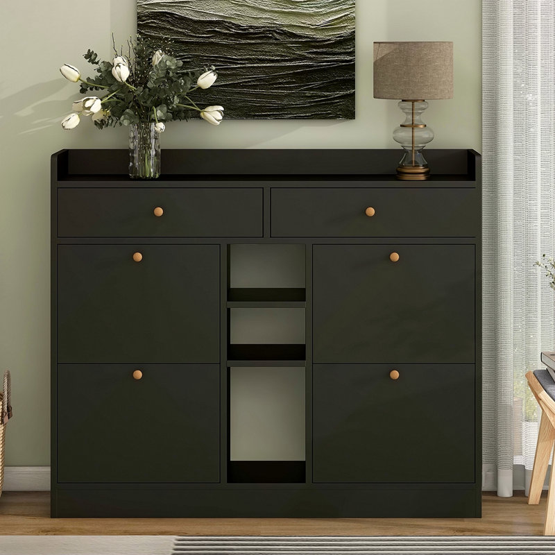 Armoire à chaussures moderne avec 4 tiroirs rabattables, parfaite pour les vestibules organisés et élégants, Noir