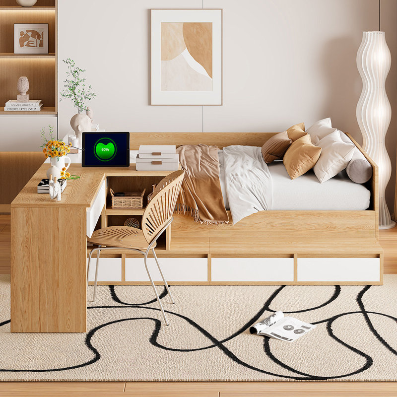 Lit plateforme avec tiroirs, tablettes et coiffeuse, Naturel