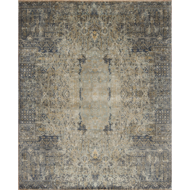 Tapis oriental rectangulaire en laine noué à la main de style européen en bleu / brun / ivoire, Rectangle 8 pi x 10 pi
