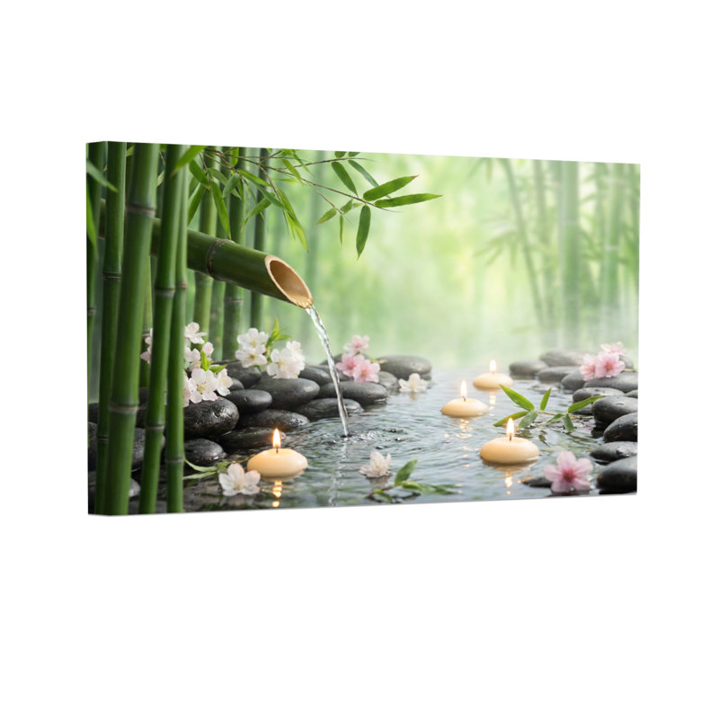 Mode, bambou, eau, couler, pierres, bougies, fleurs, jardin paisible, H 20 po x l 30 po