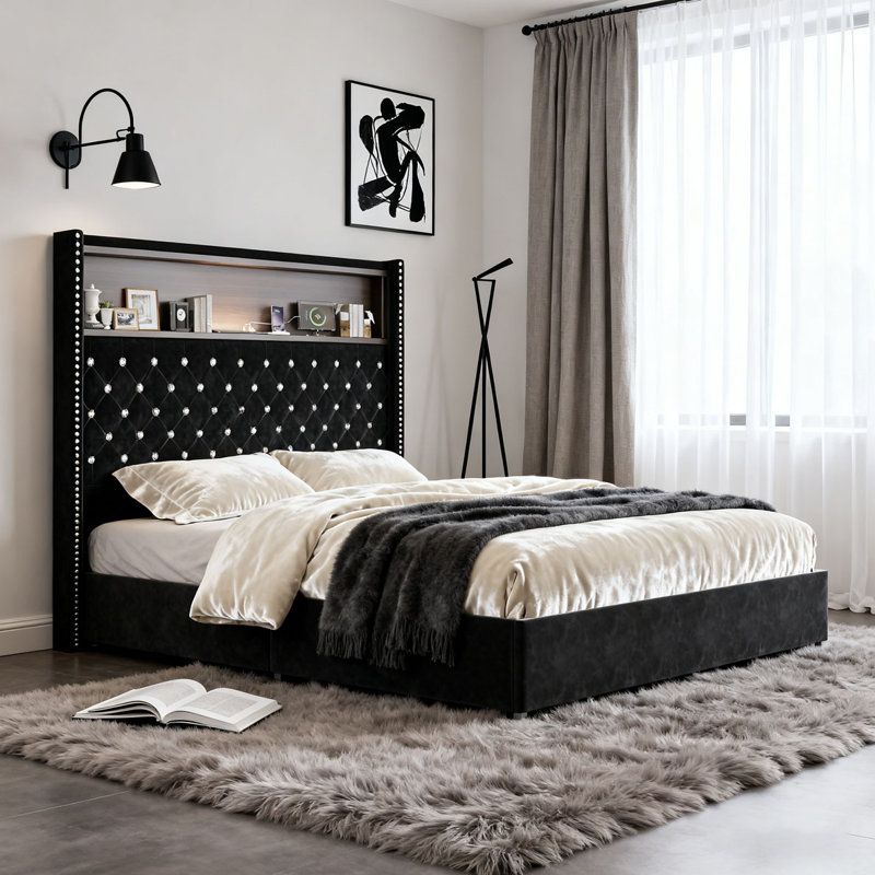 Cadre de lit doux en velours capitonné avec port USB et veilleuse, tête de lit haute 52 po avec rivets, Grand, Noir