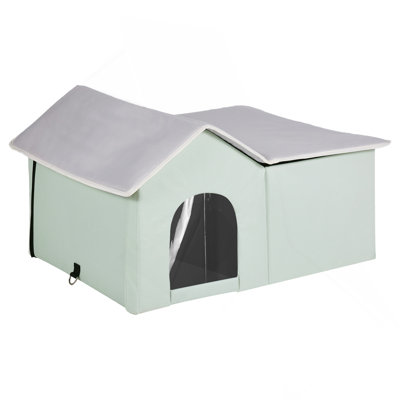 Heated Cat House Foldable Kitty Shelter with Heated Pad Green Large