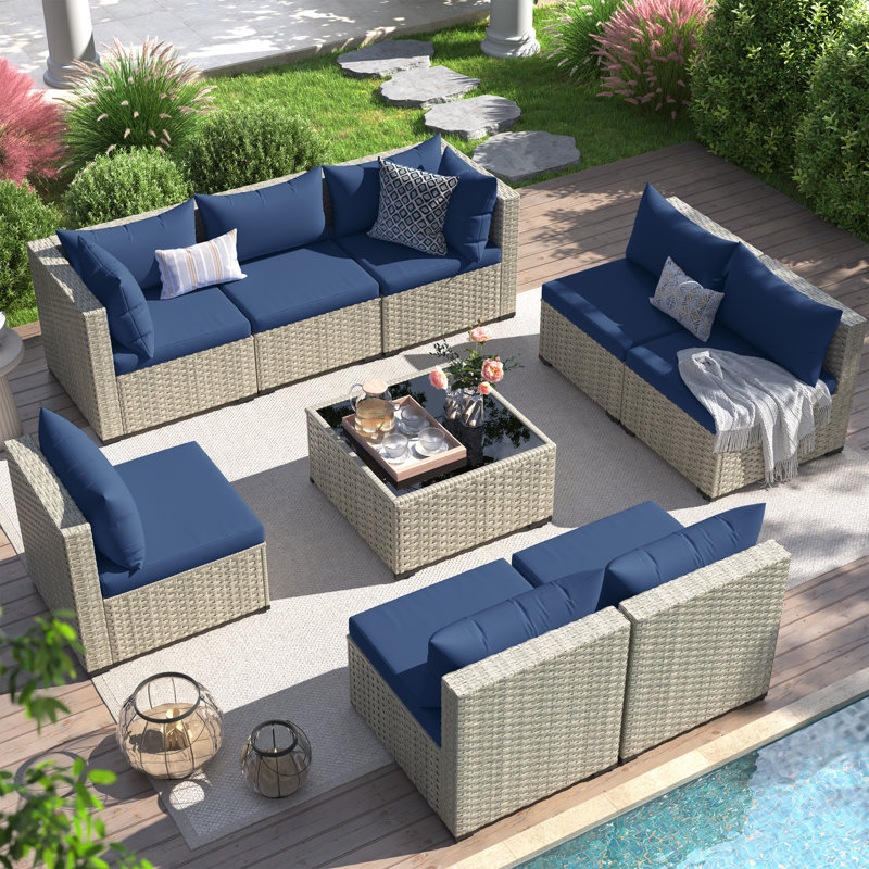 9 Pieces Rattan Patio Conversation Sets With Cushions, Navy