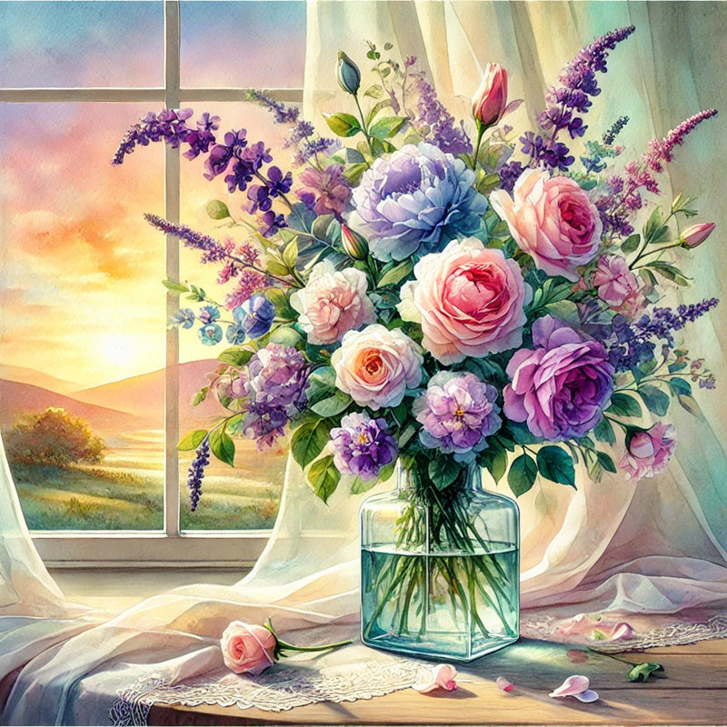 «Sunset Bouquet of Roses and Lavender in Glass Vase», art mural sur toile, H 12 po x l 12 po x P 1 po