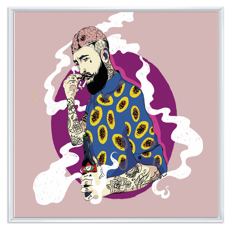 Hipster Man with Beard Smoke a Cigarette - impression sur toile, H 36 po x l 36 po x P 1 po, Cadre flottant blanc