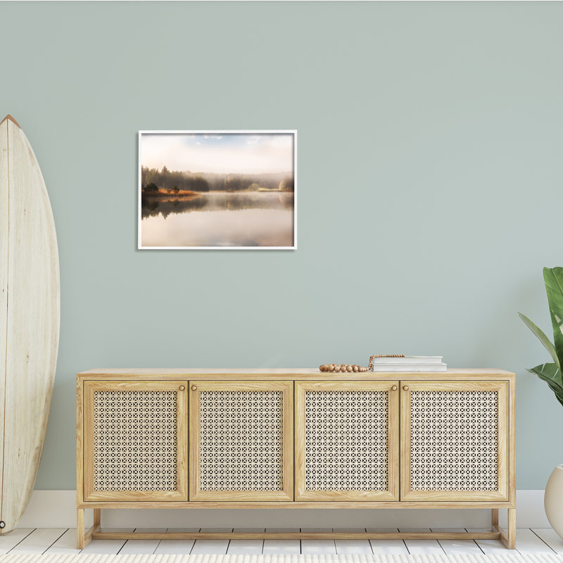 «Autumn Lake Misty Landscape Distant Pine Tree Forest» par Irene Weisz - photographie, H 24 po x l 30 po