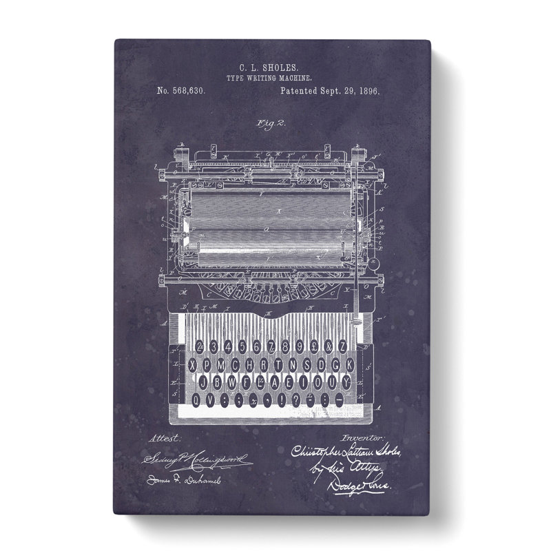 Typewriter Patent Dark - Wrapped Canvas Print, 76cm H x 50cm W x 3cm D