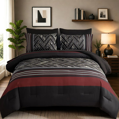 7-Piece Stripe Geometric Comforter Set, Soft Microfiber All-Season Complete Bedding Set