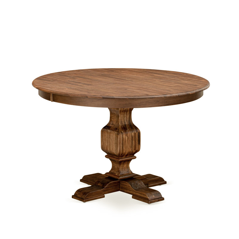 5 Piece Modern Dining Table Set Includes a Round Wooden Table with Pedestal and 4 Light Tan Linen Fabric Upholstered Parson Chairs,  Antique Walnut