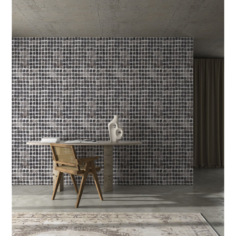 Weathered Mosaic - Wallpaper by Norman Wyatt Home, Black & White, Faux Grasscloth, Non-Pasted