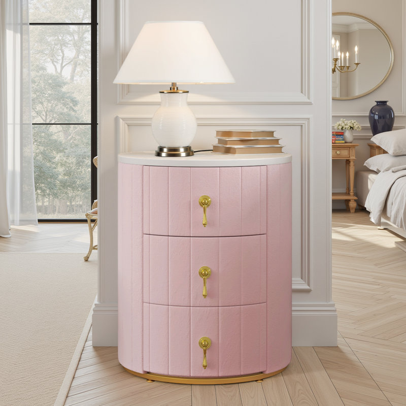 Table de chevet 3 tiroirs en velours avec dessus marbré, entièrement assemblée (poignées seulement), Rose, Individual