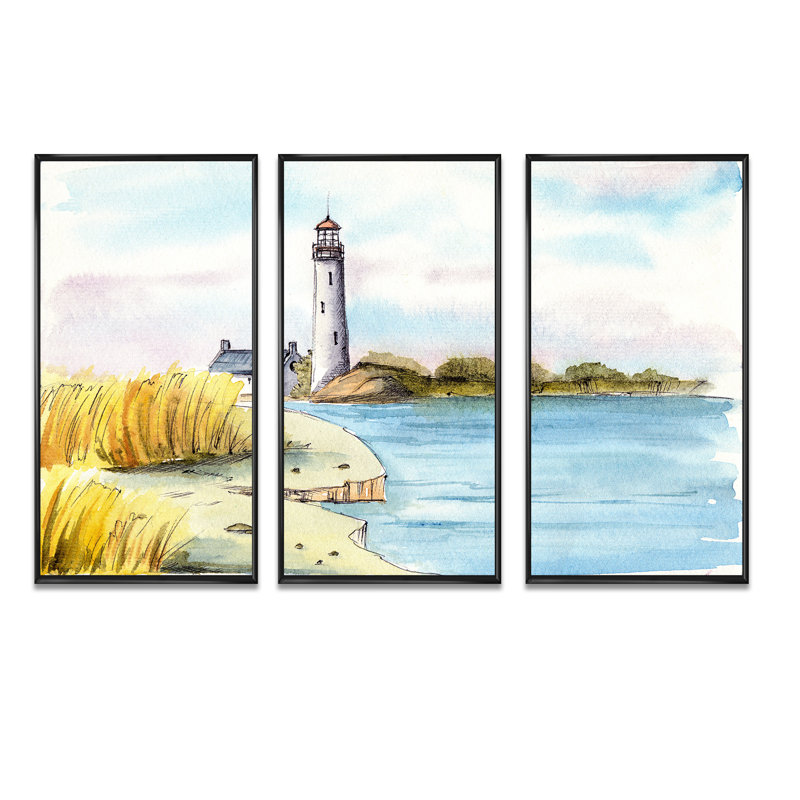 Phare sur un bord de mer lointain - 3 pièces, reproduction sur toile, Noir, noir, noir, noir, H 28 po x l 36 po