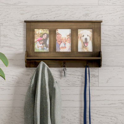 Nydia Wall Shelf and Picture Collage with Ledge and 3 Hanging Hooks- Photo Frame Décor Shelving with Rustic Wood Look, Holds 4x6 Pictures