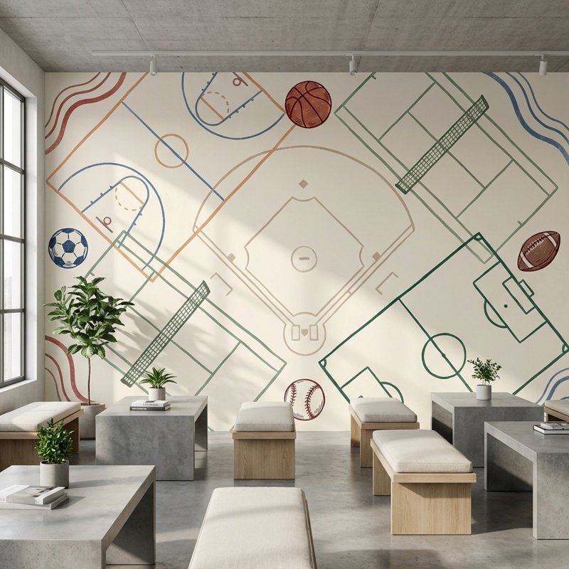 Papier peint mural géométrique abstrait représentant des terrains de sport, 100"x96", Non-Woven Nonpasted