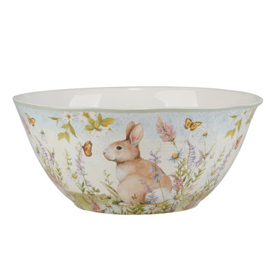Easter Meadow Deep Bowl – 128oz Ceramic Bowl with Bunny, Wildflower & Butterfly Design, 11.25" Diameter – Perfect for Salads, Soup & Stews – Microwave & Dishwasher Safe