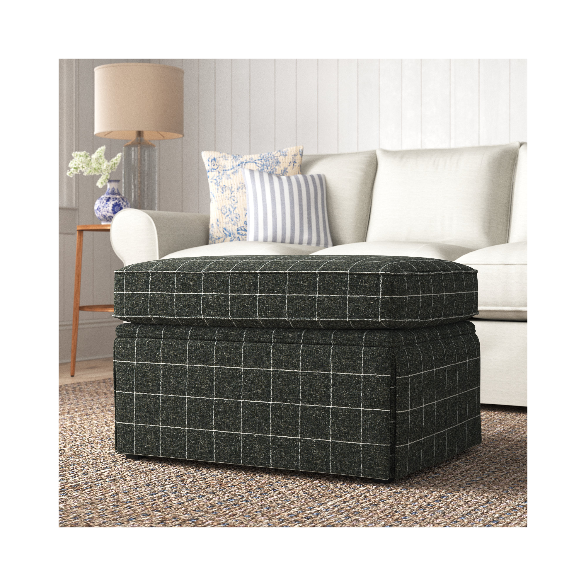Masset Upholstered Ottoman, Savane 45 Charcoal Plaid