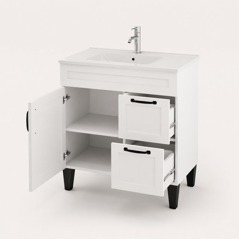 Meuble-lavabo autoportant blanc 32 po avec lavabo en céramique 32 po, 1 porte et 2 tiroirs à fermeture en douceur