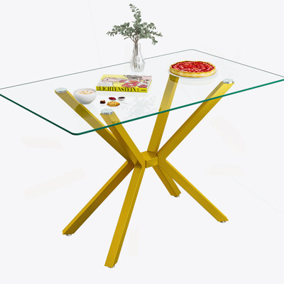 47.24" Rectangular Clear Tempered Glass Dining Table,Stylish Design With Gold Metal Legs, Kitchen Table For Dining Room