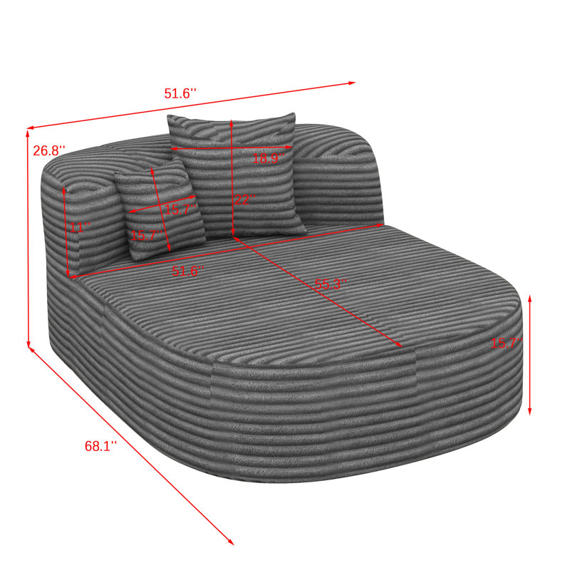 Méridienne intérieure 51,6 po, canapé-lit rembourré sans os, canapé à compression avec deux coussins de soutien, Gris