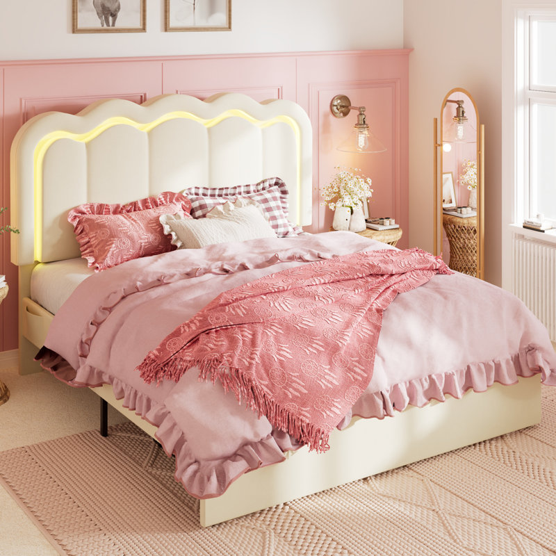 LED Velvet Upholstered Platform Storage Bed Frame With Drawer And Adjustable Headboard, Cream, Queen