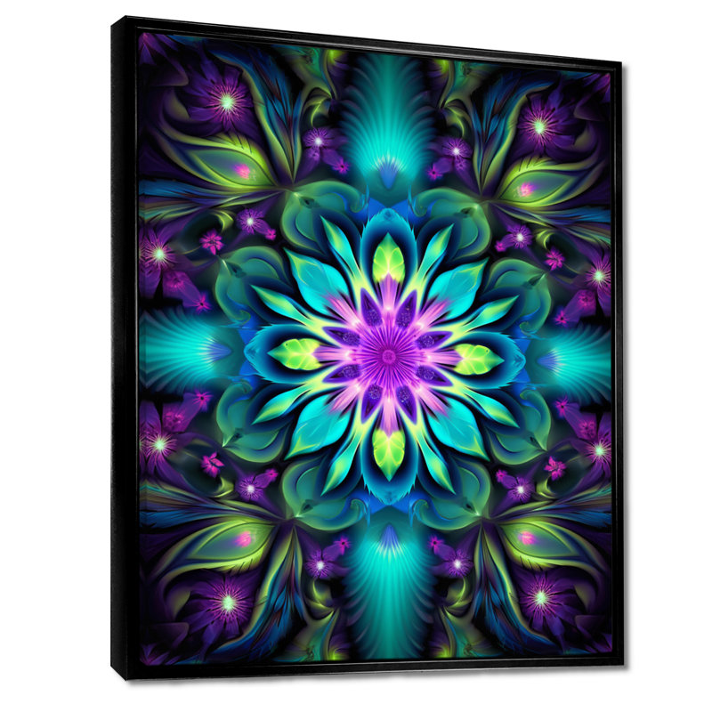 Décoration murale turquoise néon fractal II - Boho Mandala, Toile avec cadre flottant noir, H 20 po x l 12 po x P 1 po