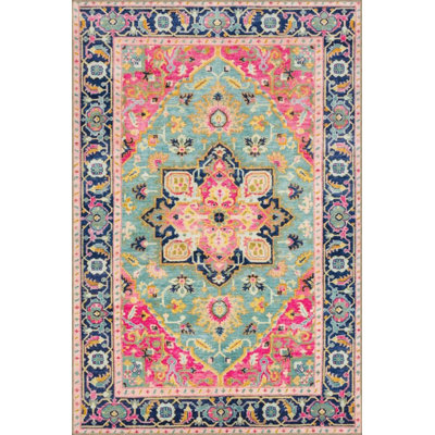 Light Blue And Pink Themed Traditional Motif Patterned Vintage Decorative Carpet