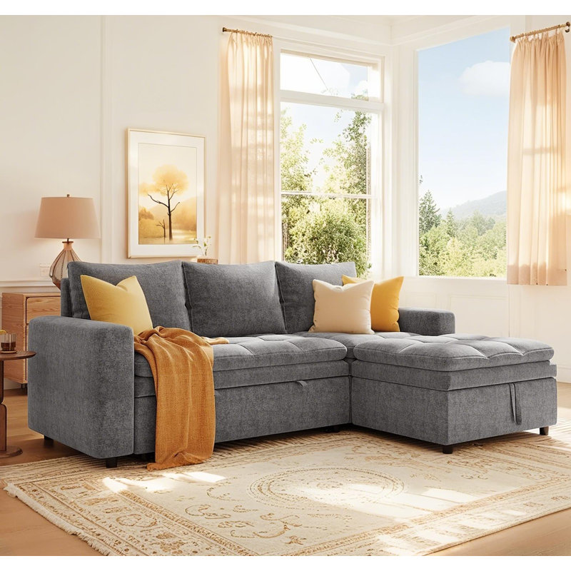 Pull-Out Upholstered Sectional Sofa Bed with Storage Space, Gray
