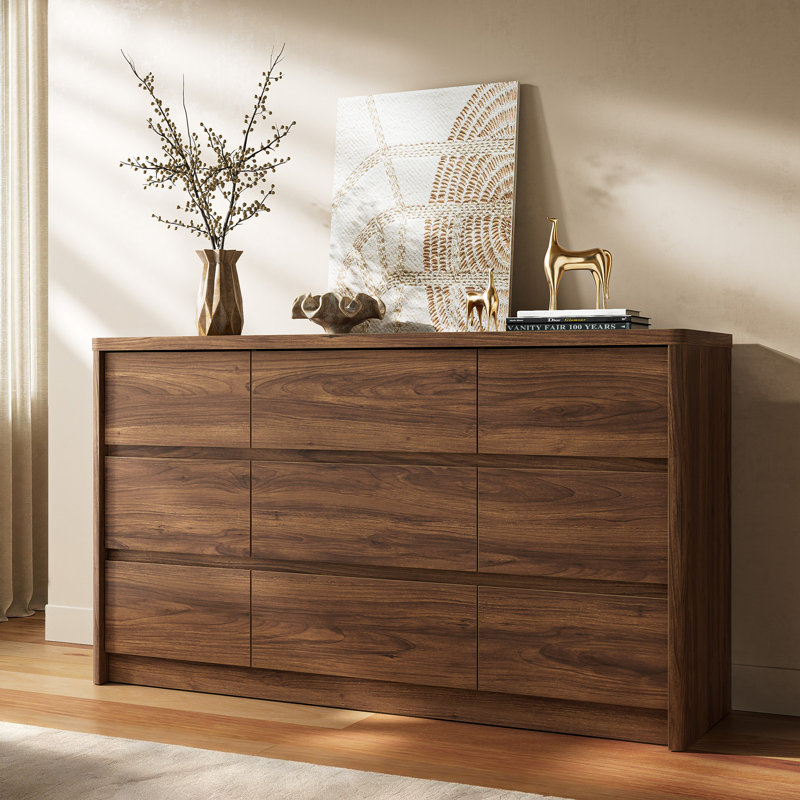  9 Drawer Walnut Dresser For Bedroom, 55" Wide Modern Chest Of Drawers With 9 Large Storage Space With Curved Edge Design, Large Dresser For Bedroom,Walnut