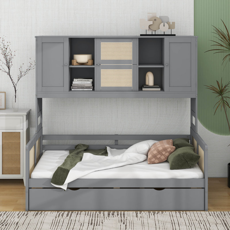 Lit de jour simple en bois avec lit gigogne simple, armoire et tablette tout-en-un, gris