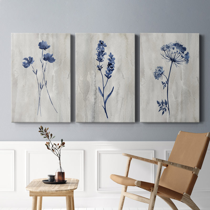Indigo Botanical I - ensemble de 3 reproductions sur toiles tendues, H 36 po x l 72 po x P 1 po