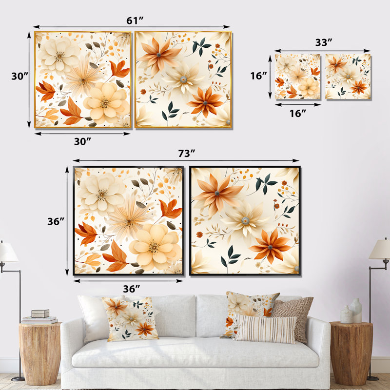 Auouge - ensemble de 2 impressions murales florales, Encadrement doré, H 16 po x l 33 po x P 1 po