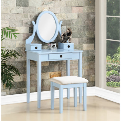 Table de coiffeuse en bois bleu et joli tabouret avec 3 tiroirs de rangement