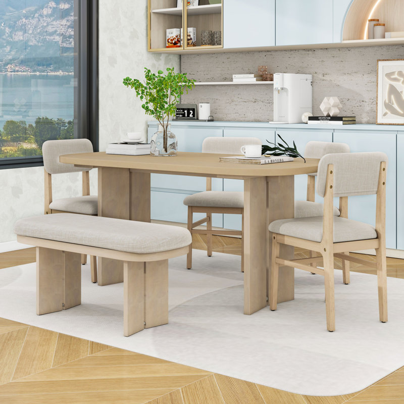 6-Piece Dining Set with Wooden Rounded rectangle Table, Upholstered Chairs and Bench, Natural