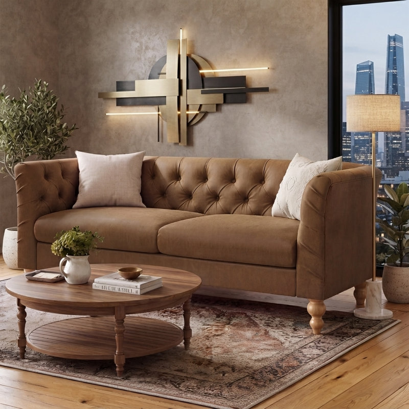 Canapé Chesterfield classique 3 places 73,5" en similicuir, canapé fixe avec motif losange capitonné et accoudoirs évasés