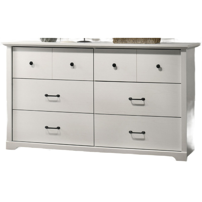 Commode large 6 tiroirs avec poignées noires Lara, Blanc
