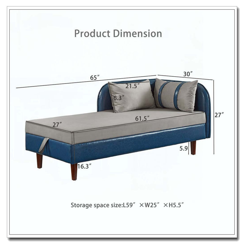 65" Storage Chaise Lounge chair, Blue+Grey