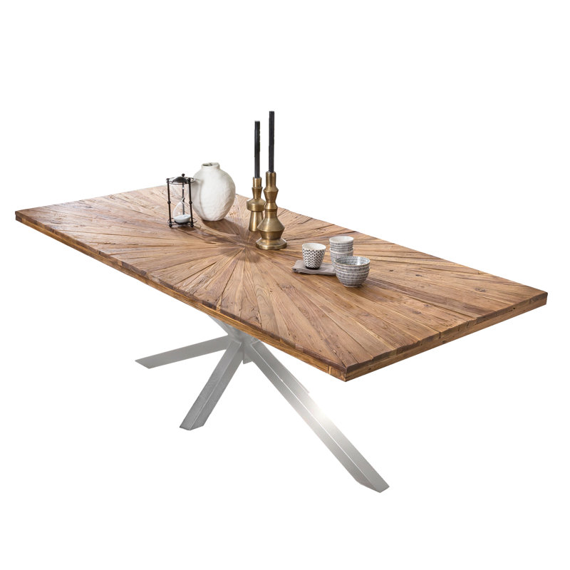 Isaac Teak Solid Wood Top Metal Base Dining Table, Antique Silver, 77cm H x 160cm L x 90cm W