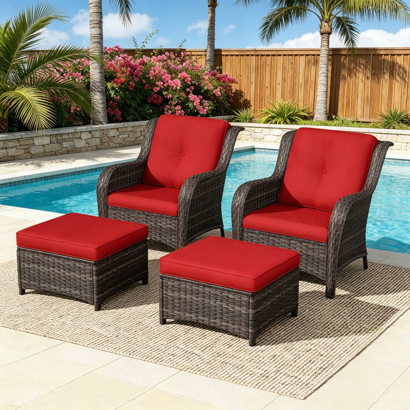 Ensemble de conversation pour 2 personnes en polyéthylène (PE) avec 2 chaises et 2 repose-pieds, Rouge