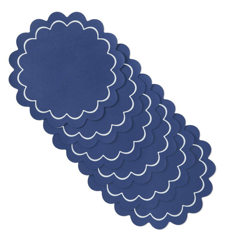 Navy and Silver Faux Leather Scallop Edge Round Placemats Set of 6