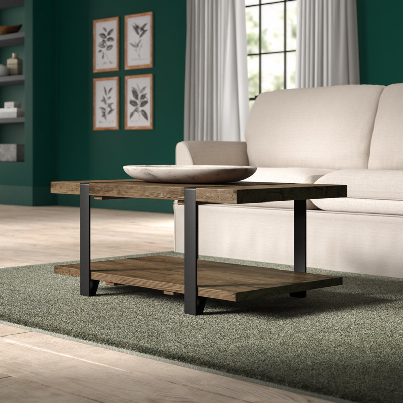 Stowe Reclaimed Wood Coffee Table, 42"L, Durable Metal Legs, Unique Wrapped Metal Strap Design, Rustic Brown, Ideal for Living and Office Spaces